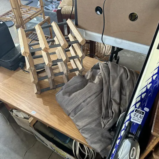 Wine rack, drapes & skis