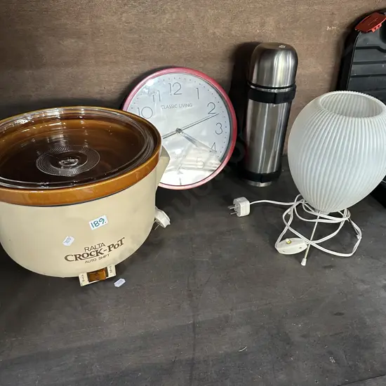 Vintage lamp, clock, crock pot and thermos