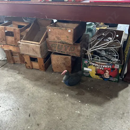 Wooden boxes, jars, door stop, sign, rack