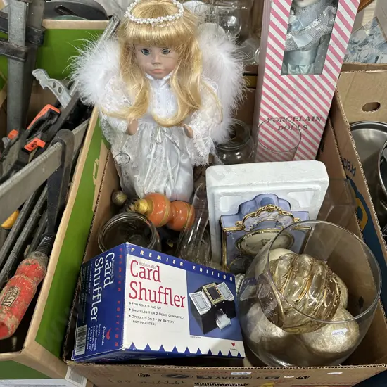 Dolls, clock, card shuffler etc