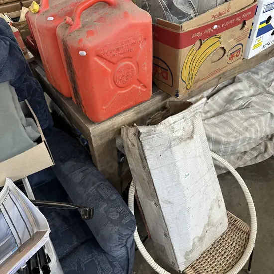 Kids chair, tarp and 2 petrol cans