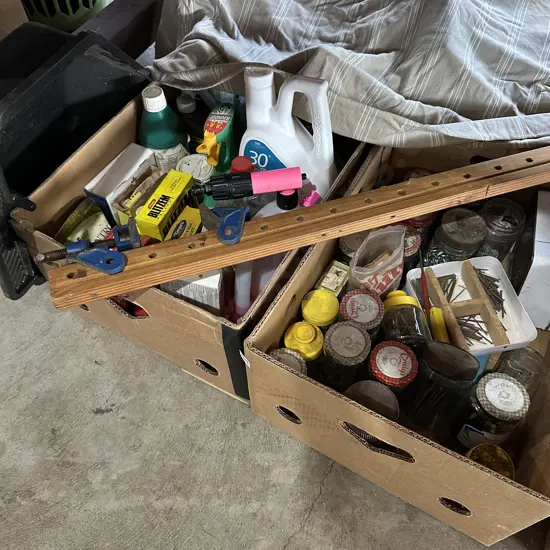 2 box hardware, gardening, sash clamp and oil tray