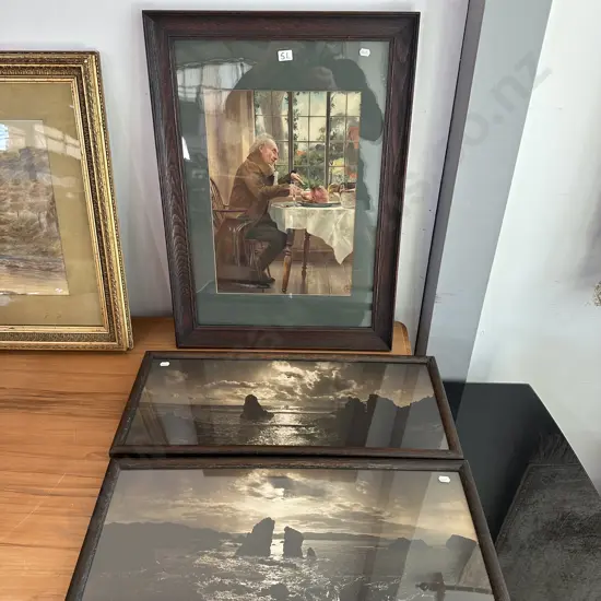 Oak framed Pears picture plus Pr of Nelson harbour photos