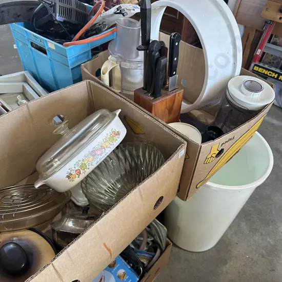 2 box kitchenware and bin