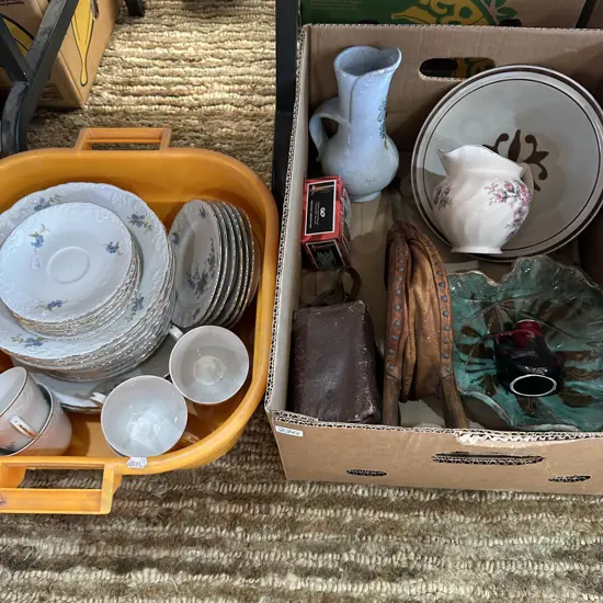 Collectables and bin of china