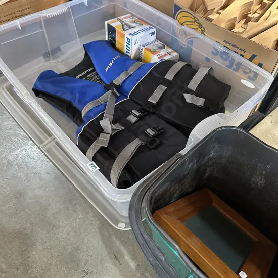 Bin and life jacket etc PLUS SWISS BALL