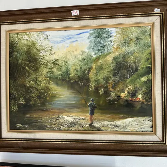 Oil painting by Elsie Broad "Manawatu River with Fisherman"