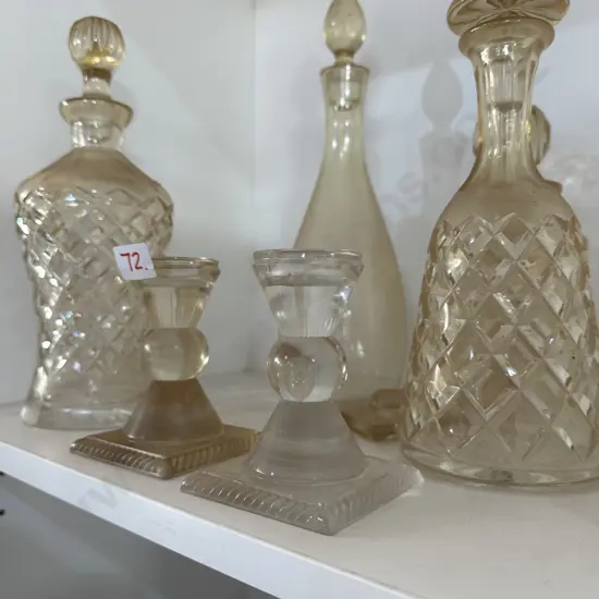 Pr signed candle holders, 2 good vintage decanters plus 2 damaged decanters