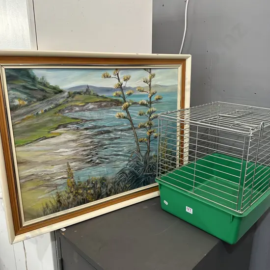 Pet cage and painting by Audrey McKelvie