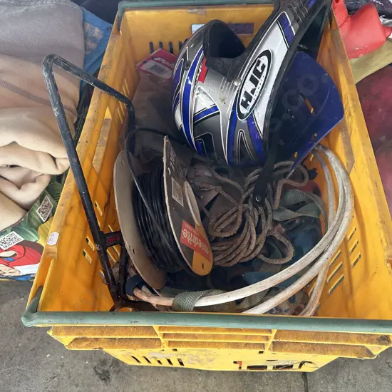 Bin of strops, helmet etc