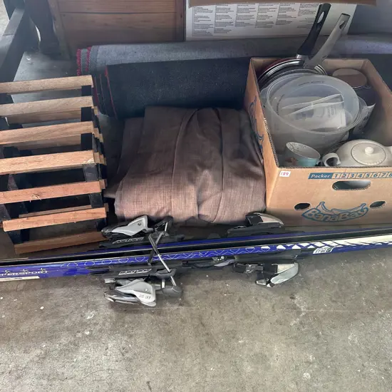 Box kitchenware, drapes, wine rack & skis !