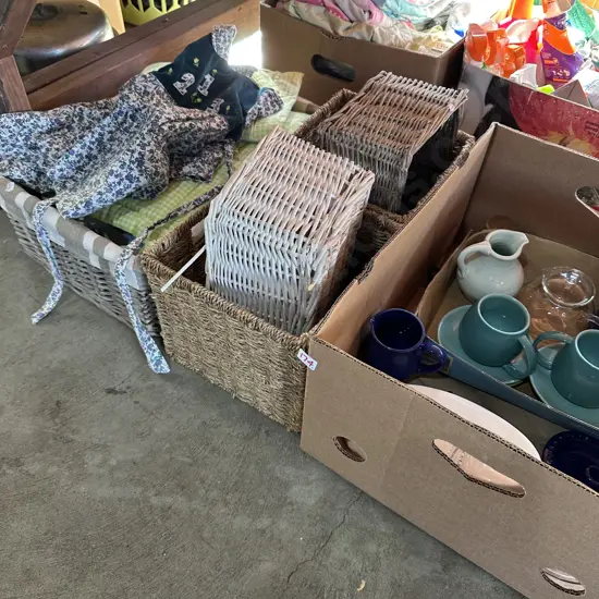 Crockery, baskets, kiddy wear etc