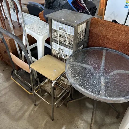 Basket storage, stools, trolley, table