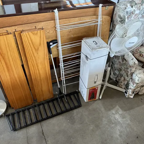 Airer, fan, xmas tree, headboard, picker, retro shelves