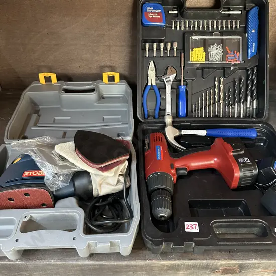 2 boxed sets, sander, drill and tools