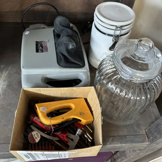 Tools, massager, jars, bike rack plus an office chair