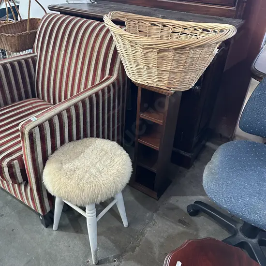 Basket, CD stand and stool plus pine bookshelf