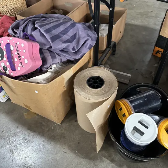 Cannisters, paper, box of drapes etc