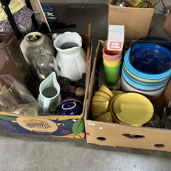 2 box crock, vases, picnicware etc
