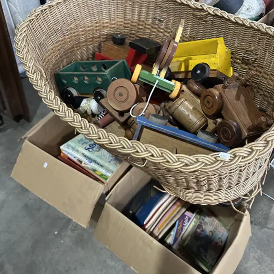Wooden toys, basket and 2 box books