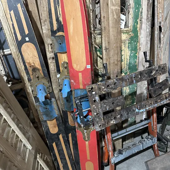 Vintage skis plus work bench