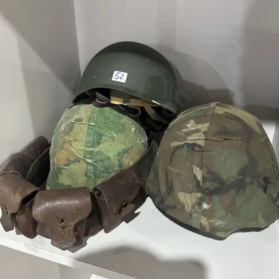 Ammo belt and 3 army helmets