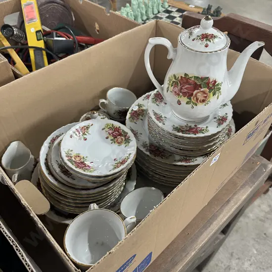 Large box of Royal China English Rose dinnerware