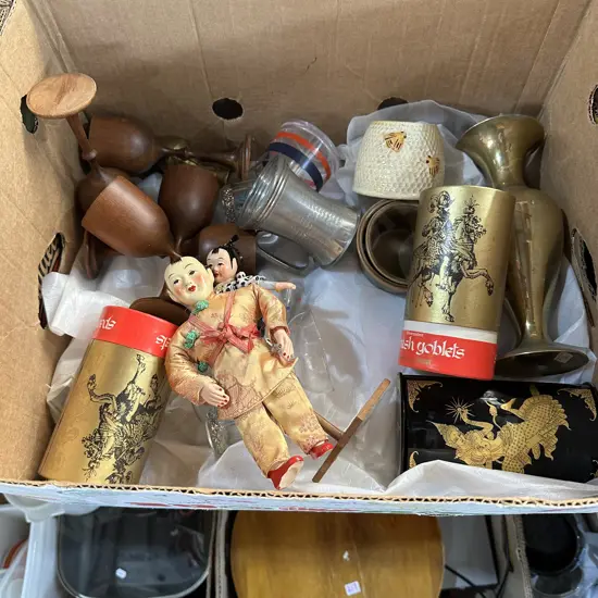 Wooden wine cups, doll, etc