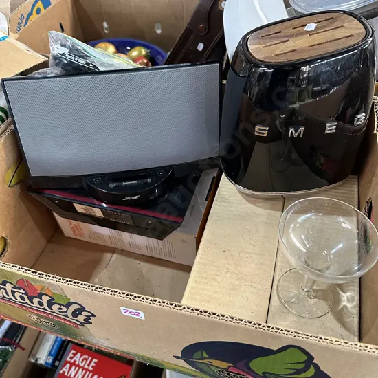 Champagne glasses, knife block, Bose etc