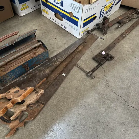 Sash clamps and saws plus old tool box