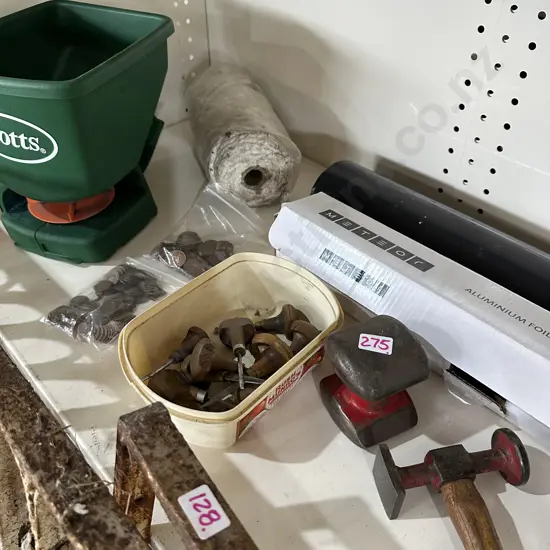 Panel tools, foil, seeder, coins and vintage tools etc