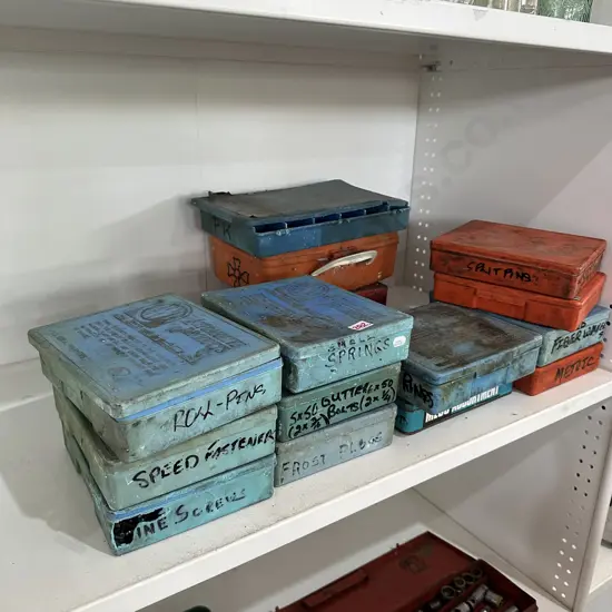 Shelf lot of parts boxes and contents