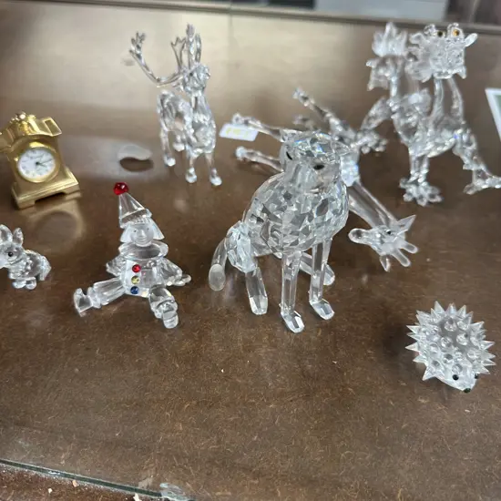 Swarovski Crystal animals, clown and Brass mini clock