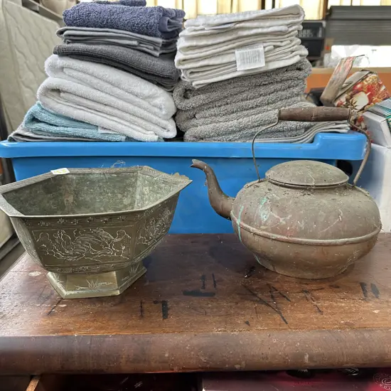 Copper kettle and brass planter