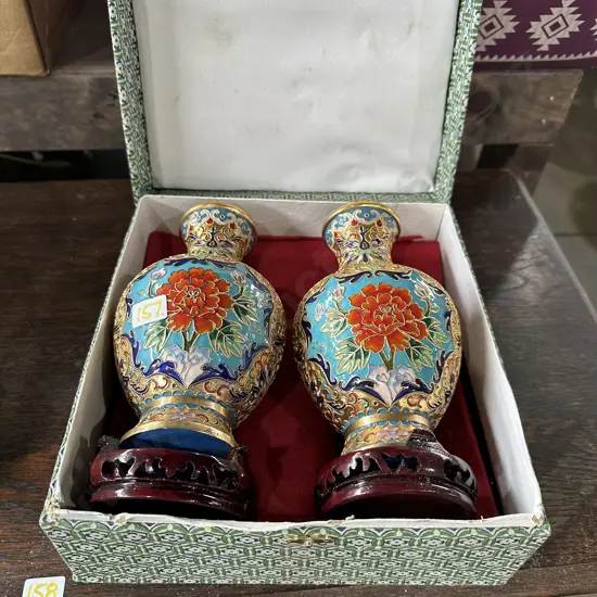 Boxed pair of colourful vases