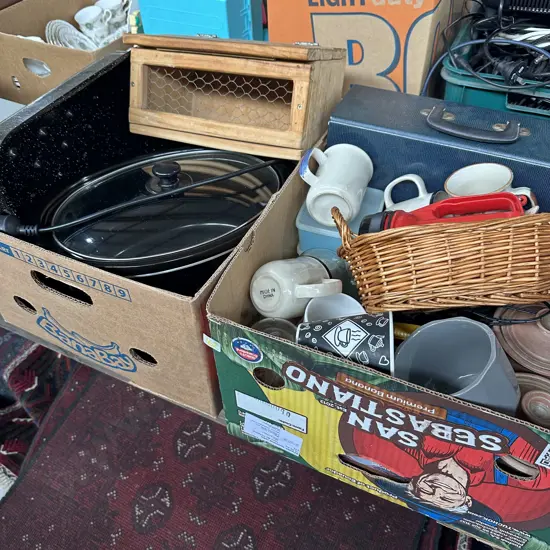 2 Boxes,slow cooker,roasting pan etc