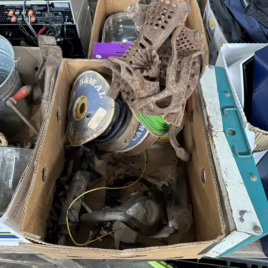 Antique corn sheller etc plus cooker