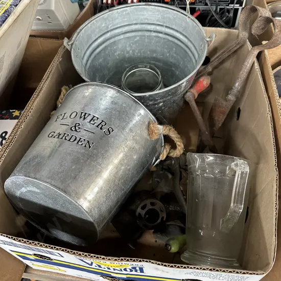 Buckets, jars, mincers, shears plus 1 other box crockery