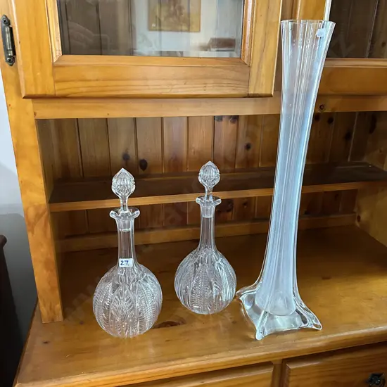 Pr of Crystal decanters & large glass vase