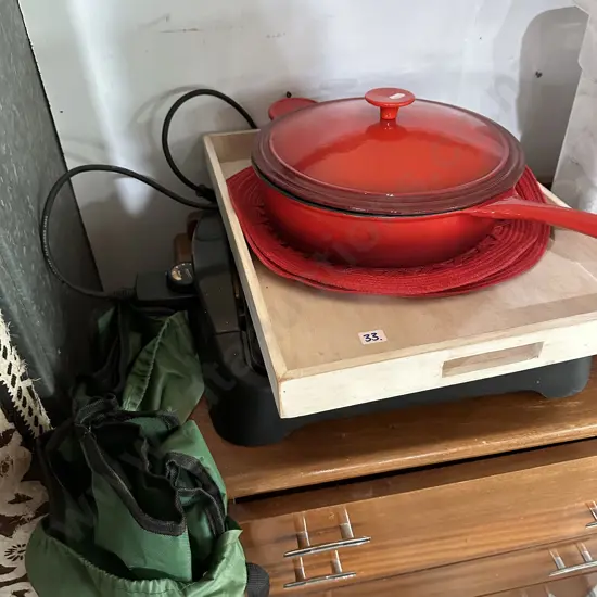 Cast & elec pans, camp chairs etc plus box lot