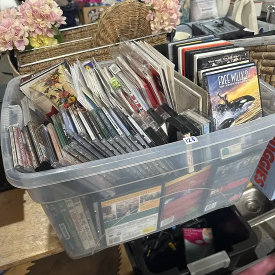 Bin of CDs and DVDs