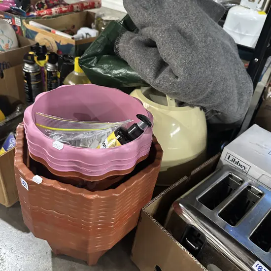 Plastic planters, blanket, tarp, hairdryer etc