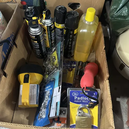 Padlocks, fly spray, torches etc