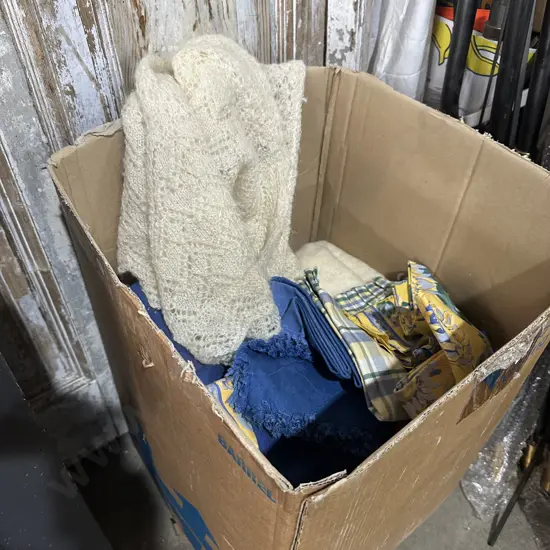 Large lot and box of bedding