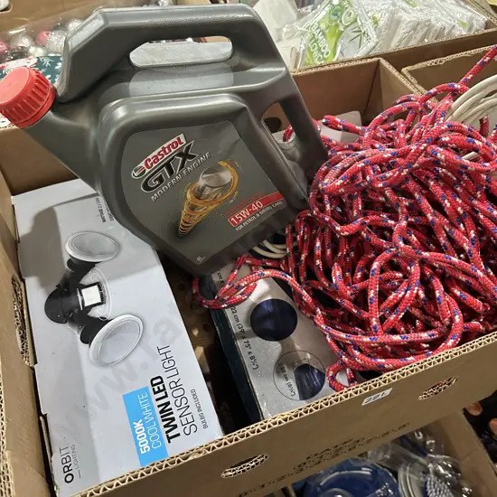 Airbed, rope, sensor lights etc