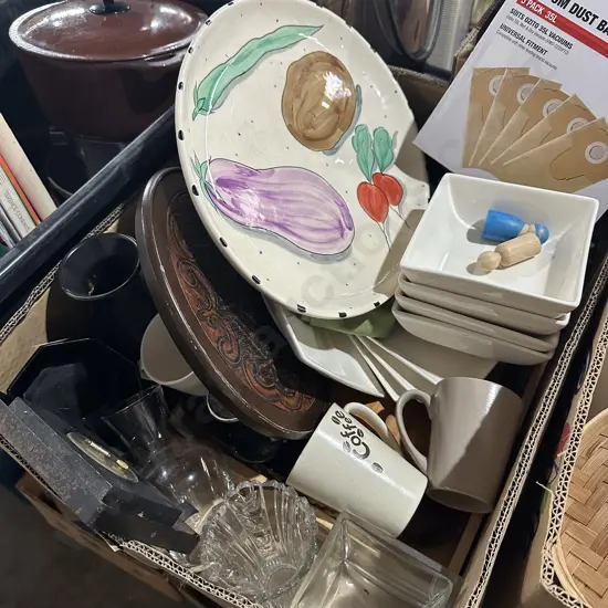 Large lot vac bags, crockery , platter etc