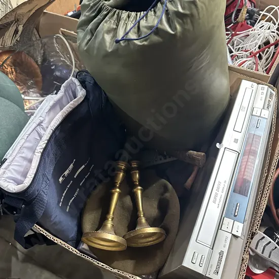 Brass candle sticks , sleeping bag etc