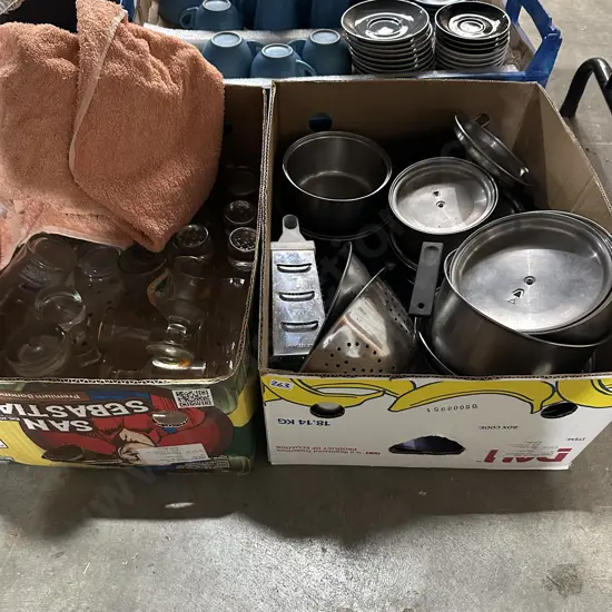2 boxes pots and glassware