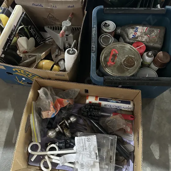 3 box hardware, oils etc
