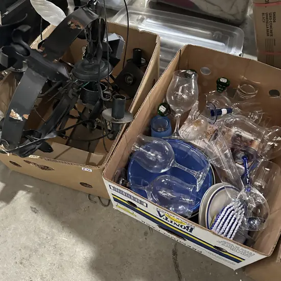 2 boxes light fittings and glassware etc